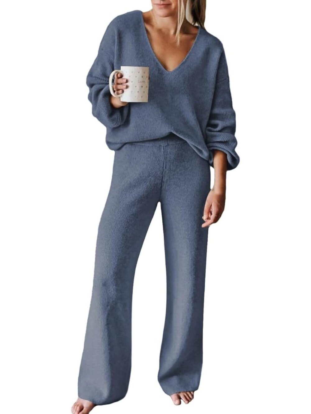 Chic Pink 2-Piece Long Sleeve Sweater Set with Wide Leg Pants for Women